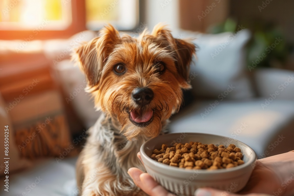 Happy dog receiving a bowl of granules from its owner in a stylish, sundrenched living room Happy dog receiving a bowl of granules from its owner in a stylish, sundrenched living room