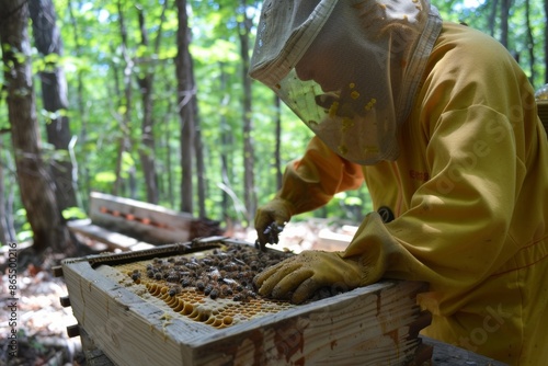 beekeeping and pollinator conservation, beekeepers tending to their hives, extracting honey, and conducting educational activities