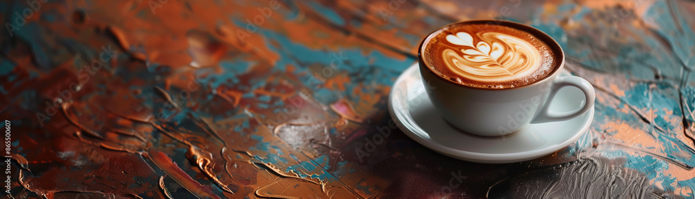 close up of a cup of coffee/cappuccino with foam on brown and blue table; setting with copy space for text close up of a cup of coffee/cappuccino with foam on brown and blue table; setting with copy space for text