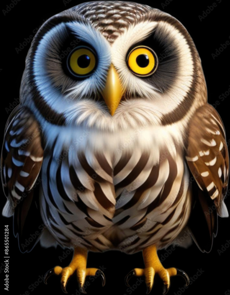 Fototapeta premium Close-up of a Cute Cartoon Owl with Big Yellow Eyes and Detailed Feathers on a Black Background