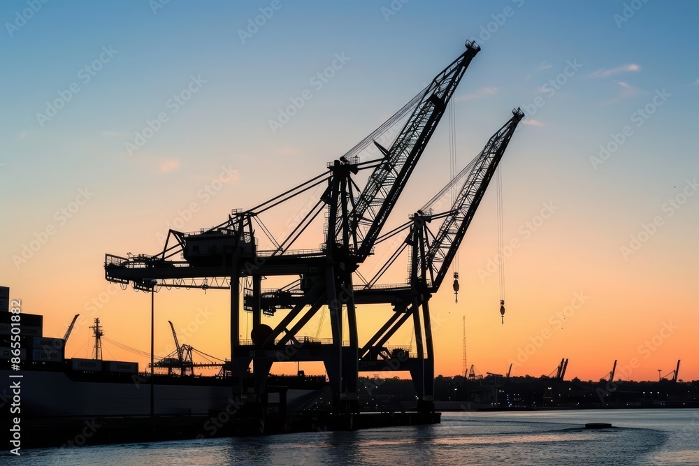 Massive cranes silhouetted against the sunset, unloading cargo ships, industrial logistics, scenic port view Massive cranes silhouetted against the sunset, unloading cargo ships, industrial logistics, scenic port view