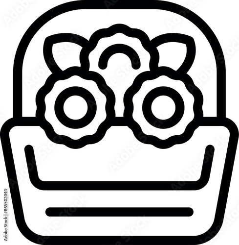 Simple icon representing a basket with three blooming flowers, symbolizing floristry, gardening and decoration
