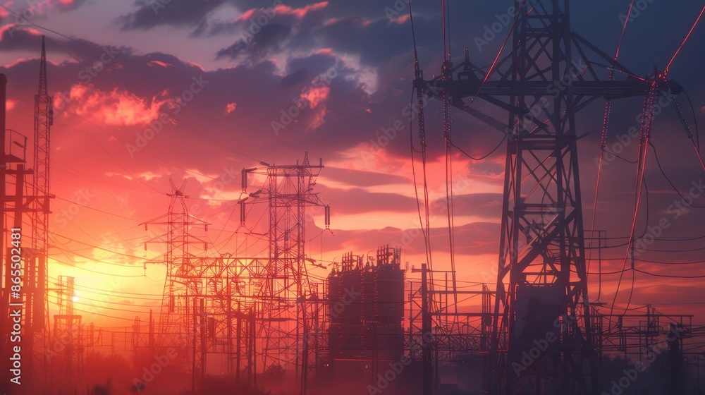 Fototapeta premium Substation at sunset with detailed switchgear and transmission towers