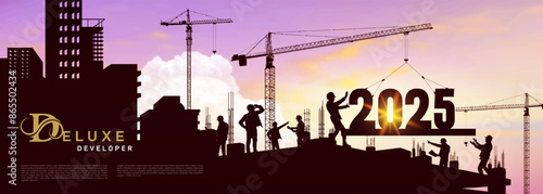 Large construction site, many construction cranes set numbers 2025. Black silhouette staff works as a to prepare to welcome the new year. Construction team sets numbers for New Year 2025. Vector.