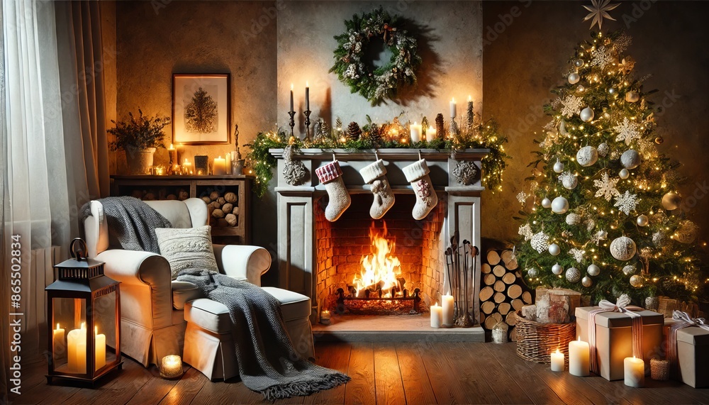 Cozy Christmas living room with fireplace, stockings, and decorated tree. Generative AI Cozy Christmas living room with fireplace, stockings, and decorated tree. Generative AI
