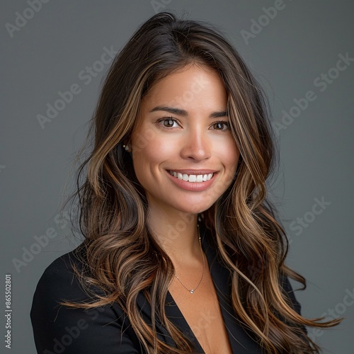 A professional headshot of a woman with long wavy hair, smiling confidently against a neutral background.