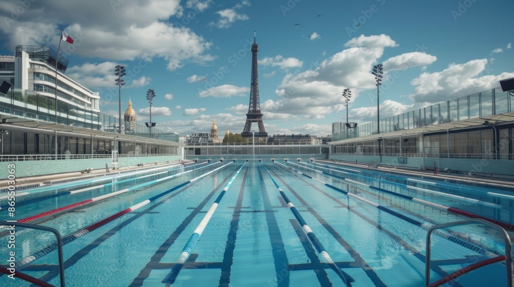 Fototapeta premium Olympic pool with the Eiffel Tower in the background