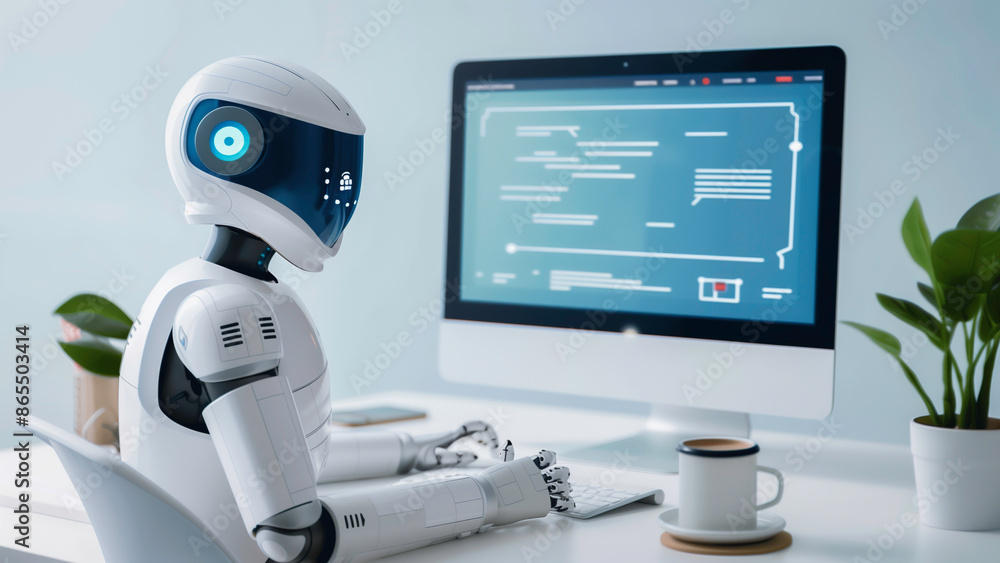 A robot assists, chatbot having a conversation with a customer on a website, virtual agent and digital assistants and AI technology and innovation. A robot assists, chatbot having a conversation with a customer on a website, virtual agent and digital assistants and AI technology and innovation.