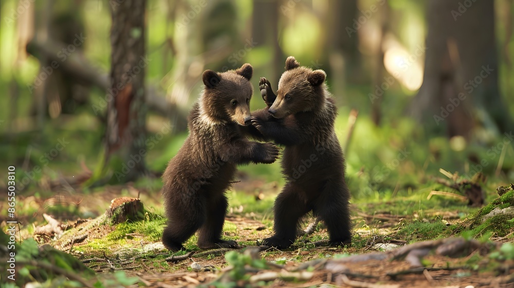 Fototapeta premium Two young brown bear cub in the fores. 