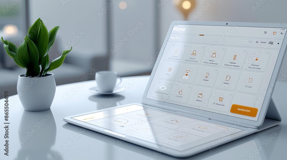 A highly detailed and sharp image of a minimalist smart home interface on a sleek tablet A highly detailed and sharp image of a minimalist smart home interface on a sleek tablet