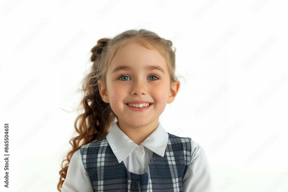 Smiling schoolgirl in uniform with curly hair, ready to start a new school day with enthusiasm, white background Smiling schoolgirl in uniform with curly hair, ready to start a new school day with enthusiasm, white background