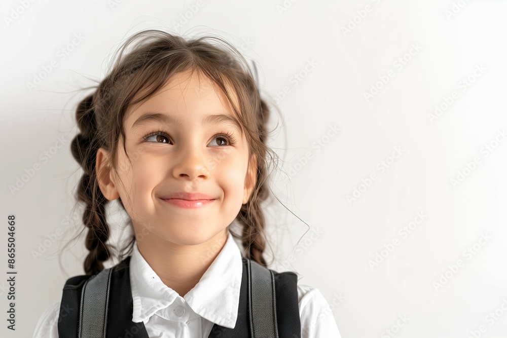 Happy young girl in school uniform with a backpack, smiling and looking up with joy and anticipation for the school day, white background, copy space Happy young girl in school uniform with a backpack, smiling and looking up with joy and anticipation for the school day, white background, copy space