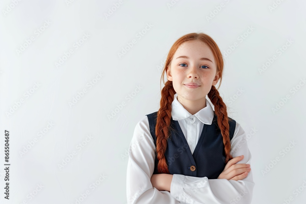 Confident red-haired girl with braids in school uniform, ready to embrace new learning adventures at school, white background, copy space Confident red-haired girl with braids in school uniform, ready to embrace new learning adventures at school, white background, copy space