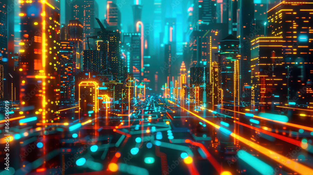Fototapeta premium Futuristic neon cityscape with glowing digital lines and skyscrapers at night, representing advanced technology and urban development.