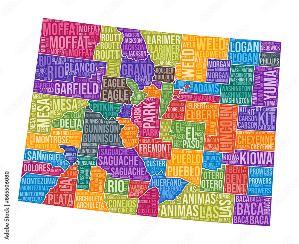 Fototapeta premium Colorado shape. State word cloud with county division. Colorado colored illustration. County names cloud. Vector illustration.