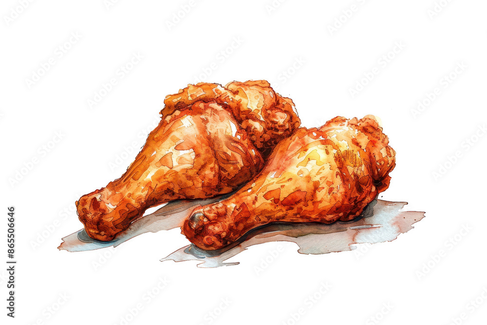Close-up illustration of two crispy fried chicken drumsticks on white background, showcasing golden-brown texture and delicious appearance. Close-up illustration of two crispy fried chicken drumsticks on white background, showcasing golden-brown texture and delicious appearance.