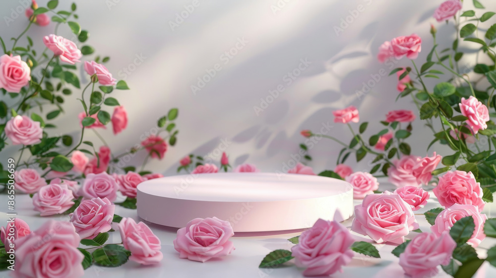 Elegant floral backdrop with pink roses surrounding a white pedestal, perfect for product display and event decor. Elegant floral backdrop with pink roses surrounding a white pedestal, perfect for product display and event decor.
