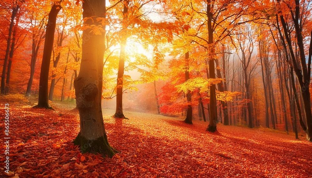 Fototapeta premium Beautiful red autumn, fall forest, trees, leaves, nature, environment