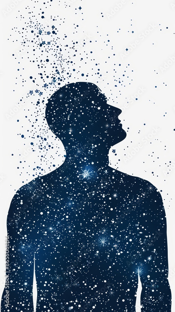 Silhouette of a man disintegrating into a starry sky, beautifully illustrating the cosmic connection. Silhouette of a man disintegrating into a starry sky, beautifully illustrating the cosmic connection.