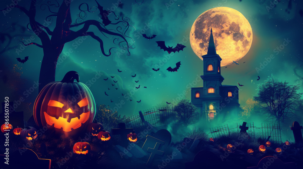 Halloween background with scary pumpkins in a cemetery, bats, graves, church and a huge creepy moon. Halloween poster or banner. Jack-o'-lantern. Halloween background with scary pumpkins in a cemetery, bats, graves, church and a huge creepy moon. Halloween poster or banner. Jack-o'-lantern.