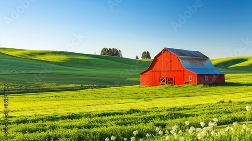 Beautiful red farm field and barn on a farm in vibrant green spring field, with copy space, rural landscape background.