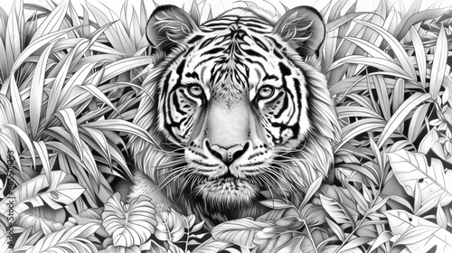 Wallpaper Mural Transport yourself to the wild with this coloring book page showcasing a majestic tiger in a dense jungle. The intricate details of the tiger's features and the lush greenery make this a delightful Torontodigital.ca