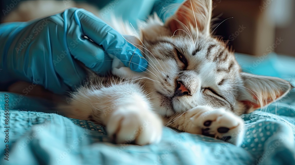 Close-up of a sick cat lying on a bed, being comforted by a gloved hand, showing care and compassion. Close-up of a sick cat lying on a bed, being comforted by a gloved hand, showing care and compassion.
