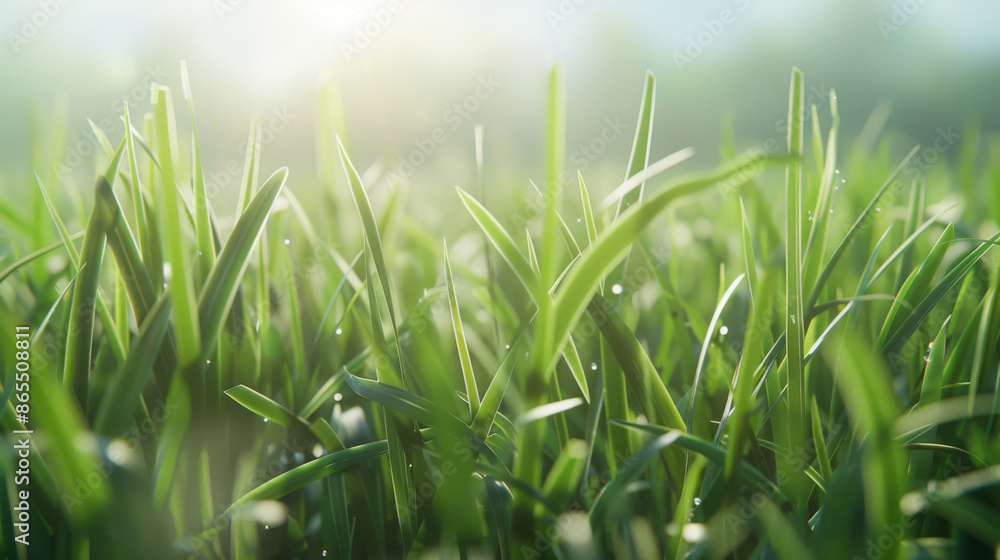 Obraz premium Green fresh grass with drops of dew at dawn. Close-up of young grass sprouts, dew drops on them, concept of life, freshness.