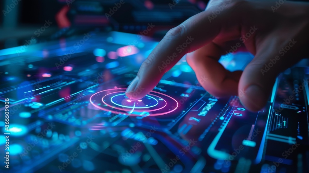 Hand interacting with holographic digital interface, futuristic technology and innovation concept. Hand interacting with holographic digital interface, futuristic technology and innovation concept.