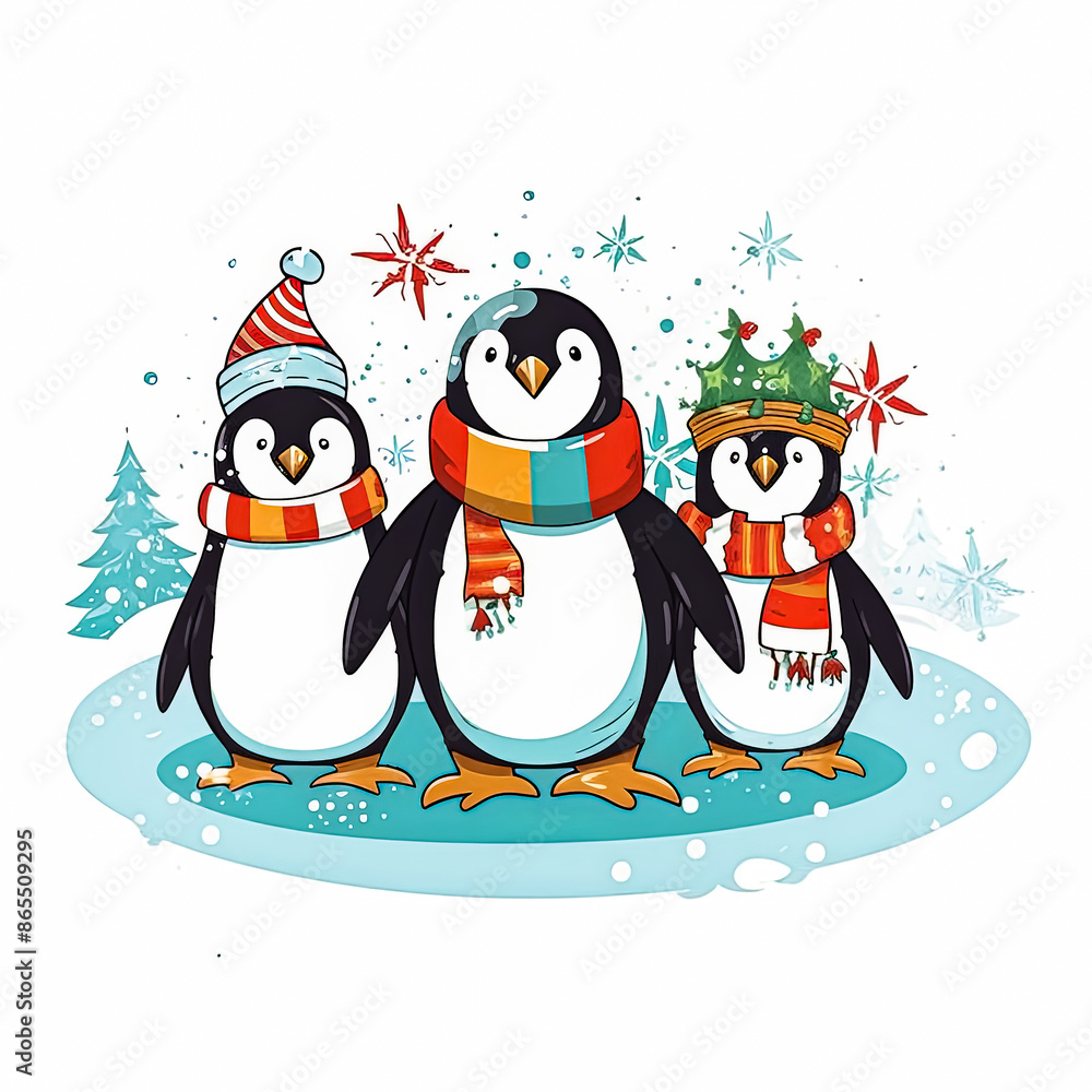 Fototapeta premium Three penguins are standing in a snowy field, each wearing a scarf and a hat