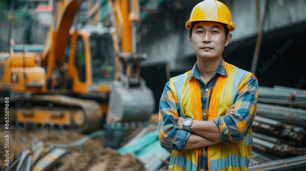 Asian male engineer standing next to excavator. Highway bridge Asian male engineer standing next to excavator. Highway bridge