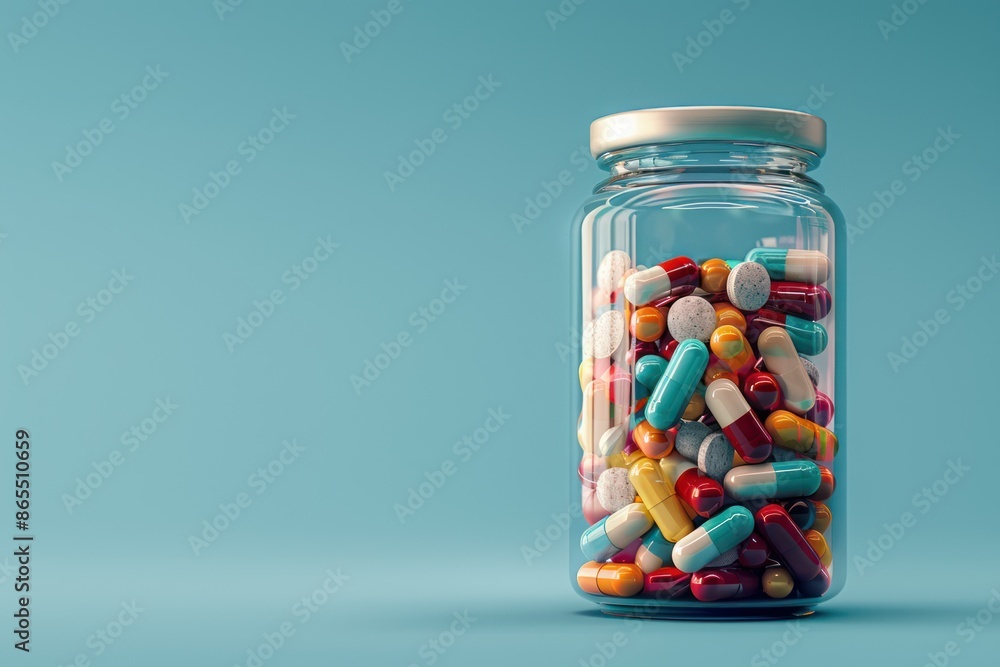 Jar filled with round pills and pill capsules on blue background Jar filled with round pills and pill capsules on blue background