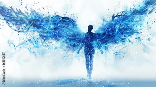 Ethereal blue angel dynamic wings surreal watercolor style mystical and serene photo