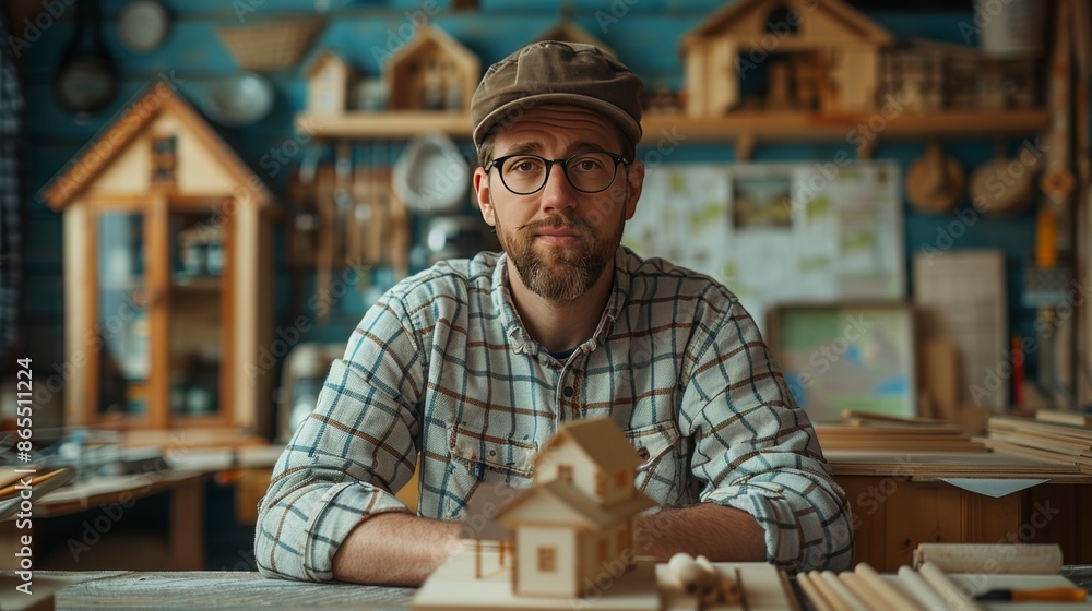 young craftsman in glasses and a plaid shirt sitting at the table with a wooden model of a house. young craftsman in glasses and a plaid shirt sitting at the table with a wooden model of a house.