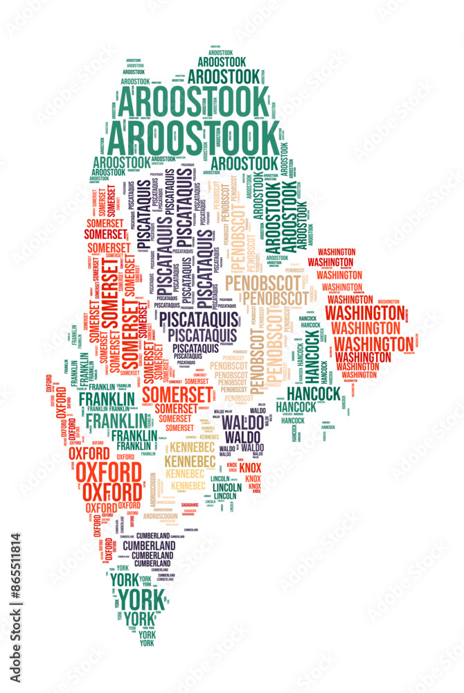 Fototapeta premium Maine word cloud in the shape of the state with county divisions. Typography style vector illustration featuring county names.