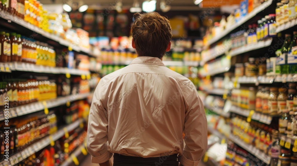 Supermarket employee restocking shelves Supermarket employee restocking shelves