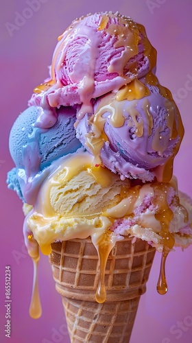 Triple scoop ice cream meltdown vibrant pastel colors cone delicious and enticing photo