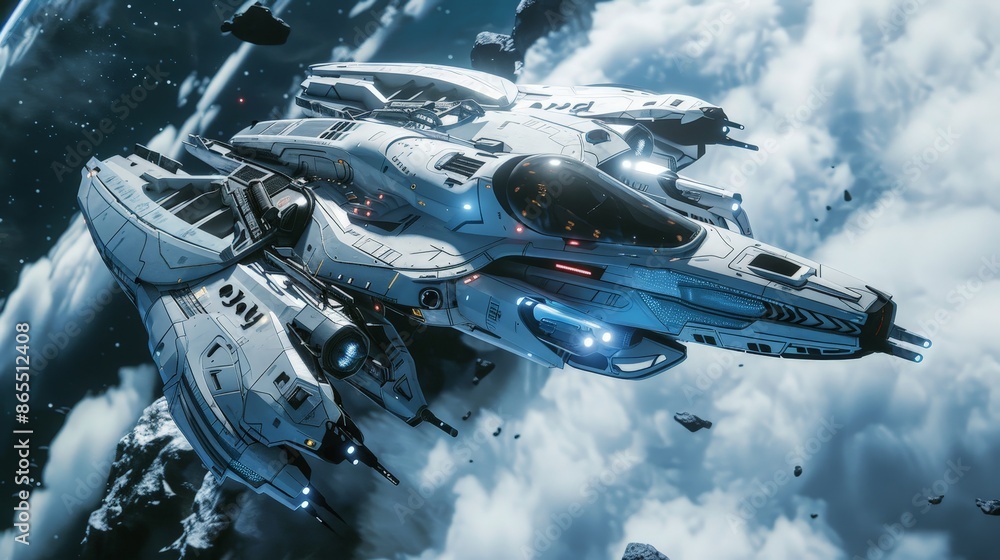Futuristic Spaceship Gliding Through Digital City Futuristic Spaceship Gliding Through Digital City