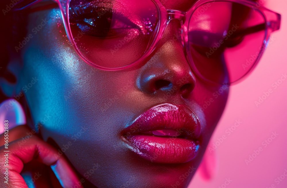 Close-up portrait of a woman with glasses in vibrant neon lighting Close-up portrait of a woman with glasses in vibrant neon lighting