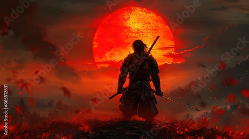 Wallpaper Mural Japanese samurai warrior with a red sun on the background Torontodigital.ca