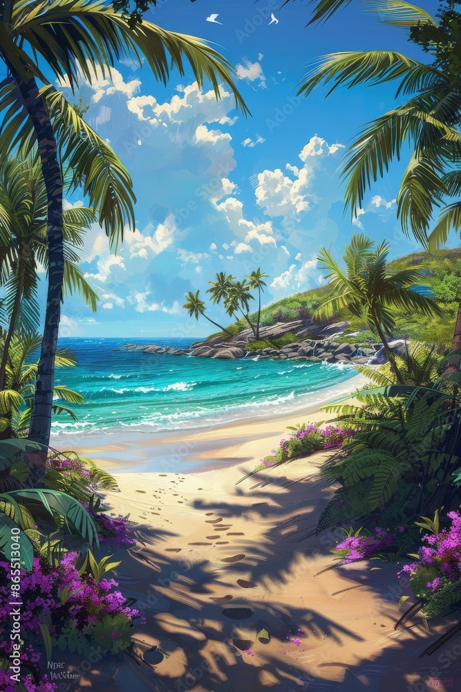 Fototapeta premium Tropical Beach With Purple Flowers