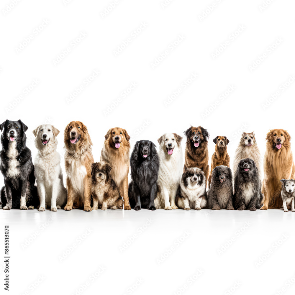 Fototapeta premium A group of dogs are sitting in a row, with some of them being brown