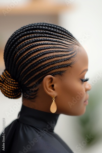 Woman having her hair braided into intricate cornrows, cornrow braids, protective hairstyle photo