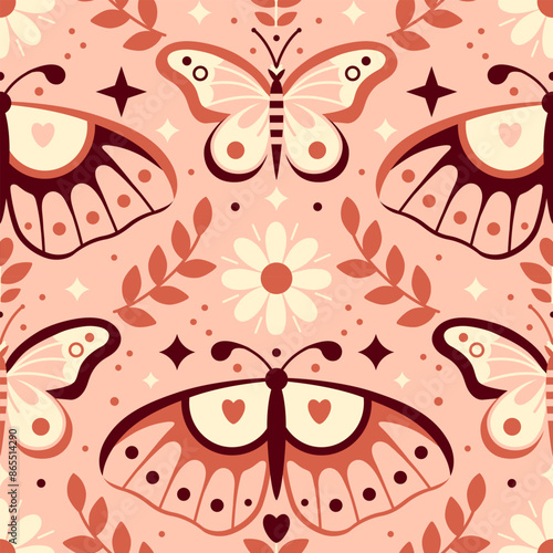 Vintage pink tone seamless pattern with butterflies and moths. Bohemian vibe backdrop. Mystery insects: luna moth, butterflies. Boho mystical moth background.