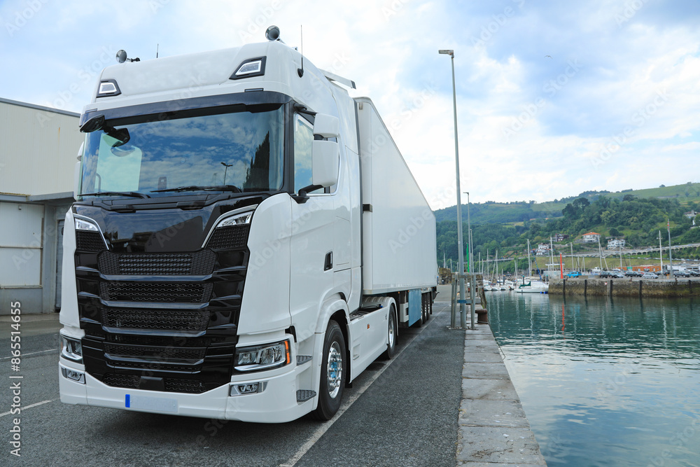 Naklejka premium camión frigorífico termo blanco transporte alimentación pescado marisco carne en el puerto 4M0A0594-as24