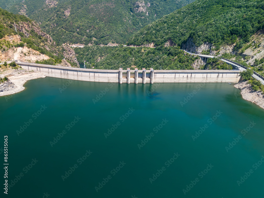 Naklejka premium Hydroelectric dam generating renewable energy surrounded by lush green forest