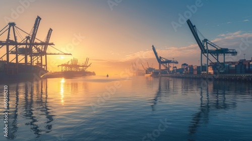 A modern port at dawn, with cranes maneuvering containers onto ships under the soft glow of sunrise, Reflecting the precision and efficiency of international trade logistics