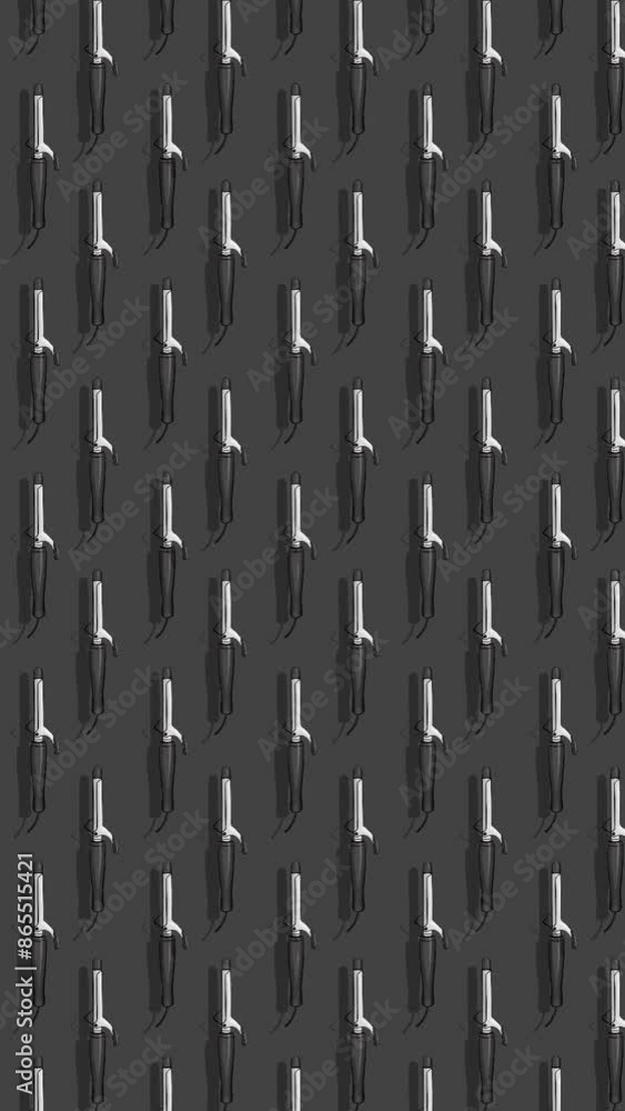 HD animated pattern of hair curler moving from left to right. Curling iron in a hand-drawn style creating a repeatable background. Vertical video. HD animated pattern of hair curler moving from left to right. Curling iron in a hand-drawn style creating a repeatable background. Vertical video.