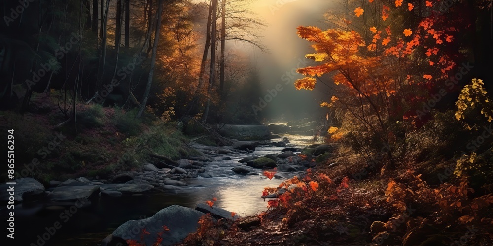 AI Generated. AI Generative. Autumn fall forest park countryside nature adventure outdoor forest with river stream watercolor drawing background. Graphic Art AI Generated. AI Generative. Autumn fall forest park countryside nature adventure outdoor forest with river stream watercolor drawing background. Graphic Art