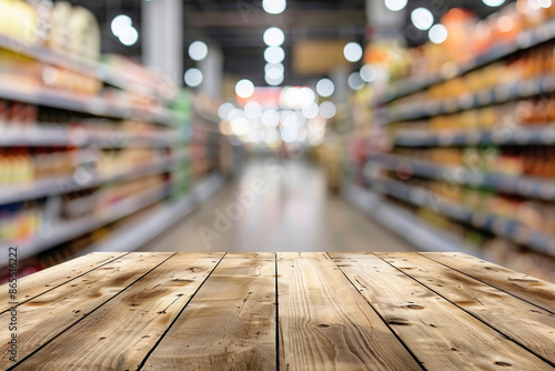 Empty wooden table top with blurred store in supermarket background for product display, digital wall banner template design, business concept mock-up, 3d rendering, stock photo 